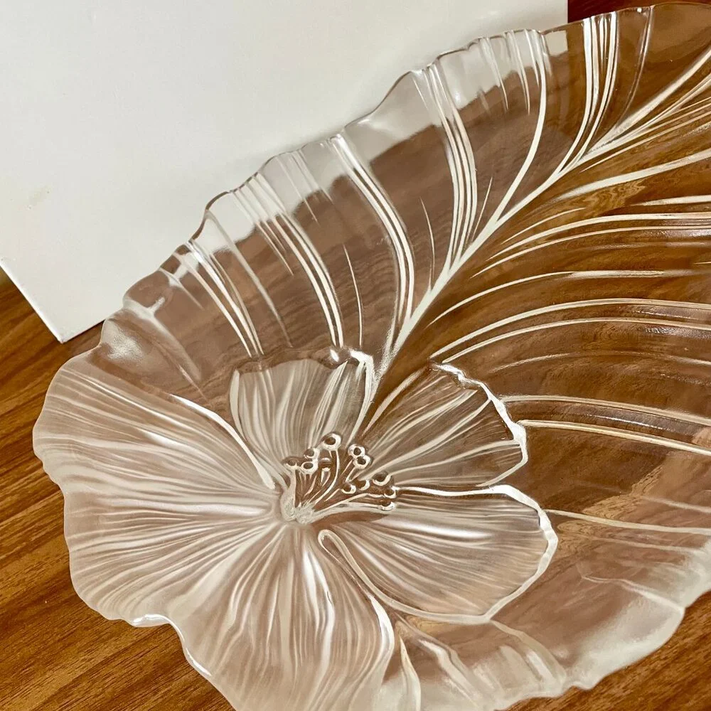 Mikasa Leave Shape Crystal Platter Large Frosted Glass Tray